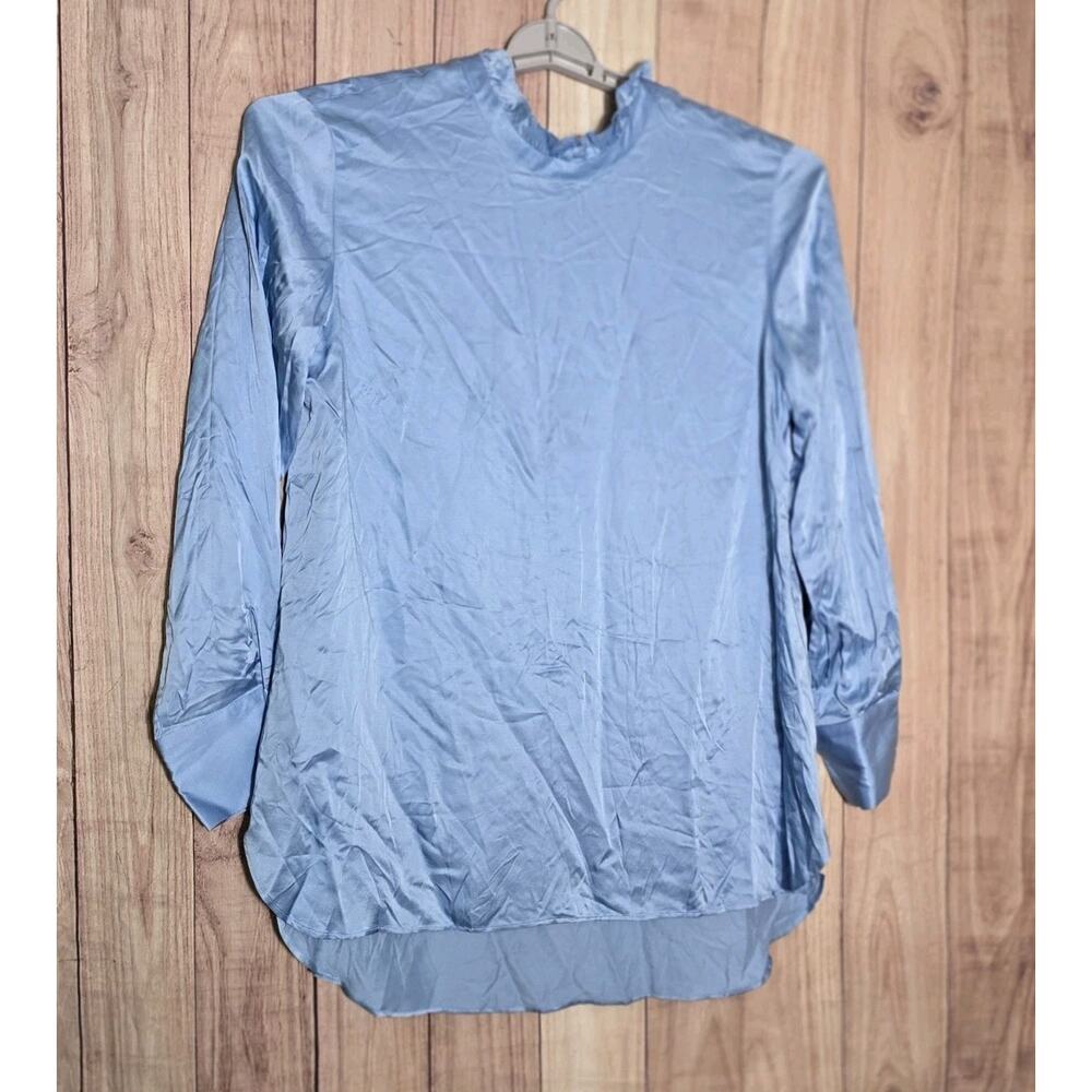 Zara Satin Blouse Top Womens XL Large Blue Long Button Sleeves V Neck NWT - Picture 2 of 9